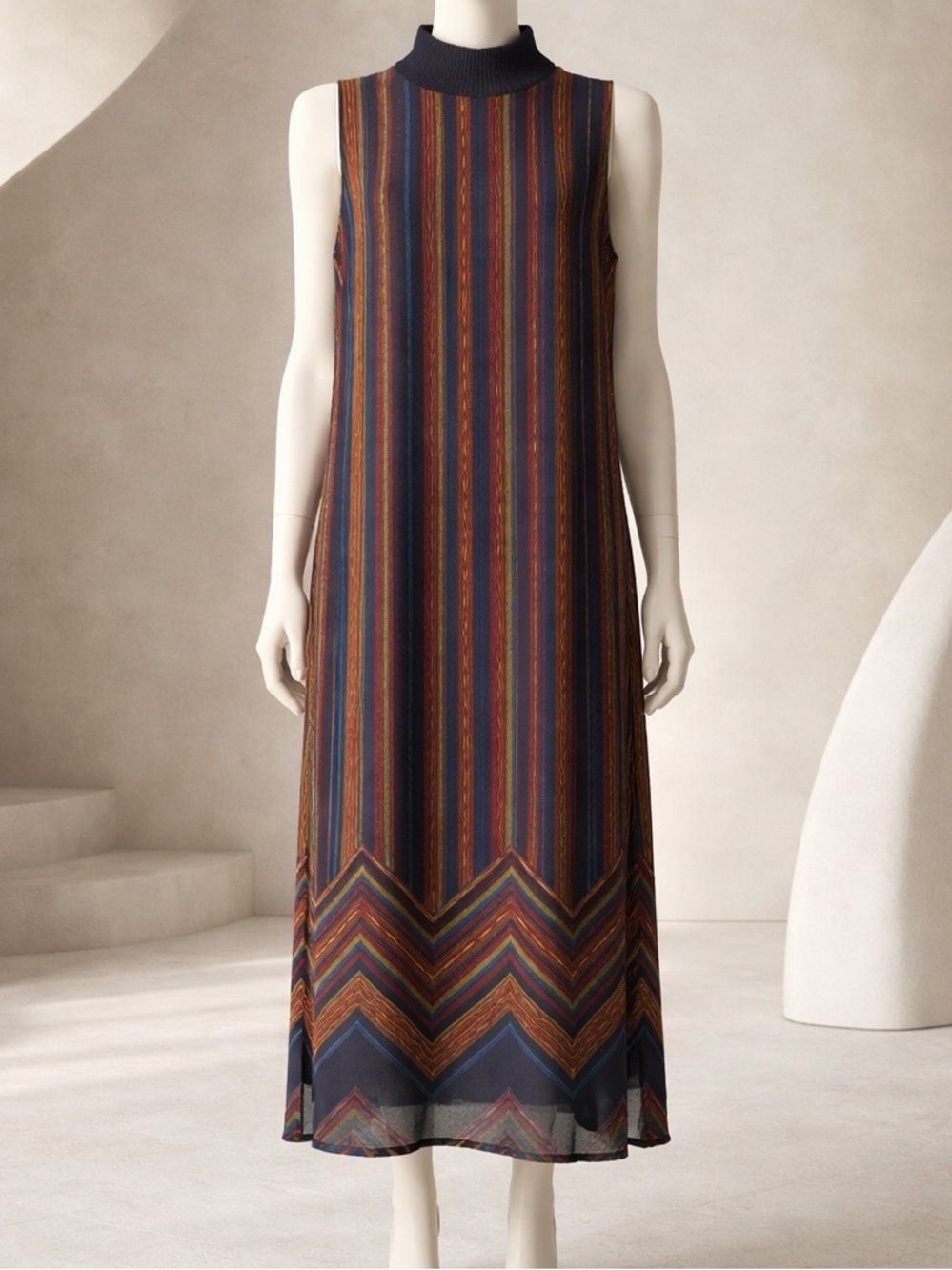 bobeau Navy Multicolor Striped Midi Dress with Chevron Hem